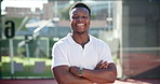 Black man, happy and face for fitness, padel and arms crossed at court for training, outdoor and start in summer. Person, smile and pride in portrait for exercise, workout or game by glass in Kenya