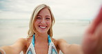 Happy woman, face and pov with beach for live recording, vlog or showing view on summer vacation in nature. Portrait, female person or influencer with smile for tourism, post or memory on ocean coast