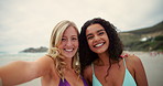 Happy women, face or beach with selfie for picture, memory or photography together in nature. Portrait, female people or friends with smile or emoji for holiday, capture moment or post on ocean coast