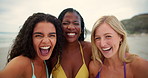 Happy women, faces and selfie with photography on beach for memory, picture or summer weekend in bikini. Portrait, female people or friends with smile for capture moment, holiday or vacation on ocean