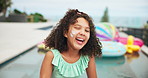 Child, girl and face with sunscreen by pool, outdoor protection and uv ray safety in backyard. Home, cheek and portrait wink for skincare moisturizer, sunburn prevention and cosmetic facial lotion