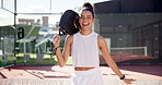 Happy woman, face or tennis court with racket for play time, game or competition in city. Portrait, active or female person with smile or bat for sport, exercise or training practice on turf or pitch