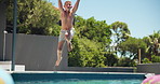 Holiday, child running and jump in swimming pool for vacation, relax or travel to play at resort outdoor. Boy, kid and swimmer dive in water for summer tourism, learning or splash for energy at hotel