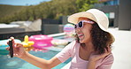 Happy, little girl or relax with selfie by pool for fun summer, holiday or vacation at luxury resort. Child, kid or youth with smile on swimming trip or travel for picture, photography or memory