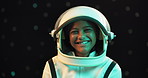 Happy, astronaut and face of child in studio to travel to world, planets and universe on black background. Space suit, future career and portrait of young girl for exploration, adventure and journey