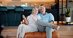 Relax, mature couple and love in lounge, home and planning for anniversary, comfortable and listening. House, bonding and romance for people in living room, woman and care for man, embrace and couch