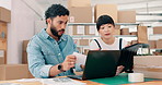 Business people, boxes and laptop for inventory, teamwork and conversation with distribution. Ecommerce, coworking and employees in warehouse, tech and planning for product launch and online order