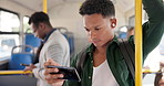 Bus, travel and man with smartphone, listening  to music and video with social media. People, student and guy with cellphone, public transport and mobile app with passengers, comedy and New York