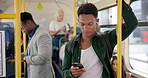 Bus, travel and man with cellphone, people and message to contact, chatting and passengers. Person, student and guy with smartphone, journey and mobile app with public transport, internet or New York