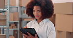 Tablet, supply chain and woman in office by boxes with online inventory, checklist or order. Digital technology, cargo and female distributor reading parcel information for package shipping.