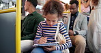Writing, notebook and child on bus for travel with studying for education test on commute to school. Journal, girl kid and student learning for exam or assessment on public transport in city.
