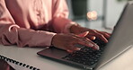 Office, person and hands with laptop for typing, finance report or research for investment portfolio. Closeup, employee and financial advisor with digital for corporate business, information or email