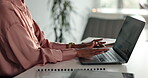 Office, person and hands with laptop for research, finance report and typing for investment portfolio. Screen, employee and financial advisor with digital for corporate business, information or email