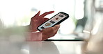 Hands, phone screen and food on delivery app at office with order, choice and scroll with ui for lunch. Person, smartphone and user experience with interface, easy payment and checkout on web store