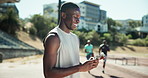 Exercise, smile and black man with smartphone, stadium and internet for social media. African person, outdoor and athlete with cellphone, funny meme and mobile app for progress and fitness influencer