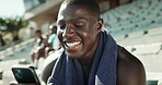 Fitness, smile and black man with smartphone, outdoor and internet for social media. African person, runner and athlete with cellphone, tech and mobile app for progress, tracking heart rate or sports
