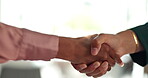 Business people, investor or handshake closeup for office negotiation, funding agreement or b2b deal. Recruiter, support or entrepreneur meeting director for opportunity, partnership or introduction