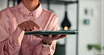 Business, hands and woman touch tablet in office for user experience, homepage navigation and testing app. Web designer, person or digital tech for UX design, webpage coding or checking visual layout