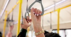 Balance, grip and hand with passenger in bus for commute, tourism or travel on public transportation. Adventure, journey and trip with person holding handle in vehicle for stability on drive or ride