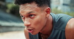 Face, tired man or runner in stadium thinking of outdoor fitness training, cardio workout or sports exercise. Race track, rest or exhausted athlete on break with fatigue or sweat in running practice