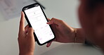 Closeup, person and hands with phone screen for online booking, information or date for work trip. Office, employee and typing with mobile for application, registration or available flight for travel