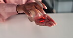 Closeup, hands and person with supplements for healthcare, medical drugs and prescription for pain relief. Office, business worker and container with treatment of pills, vitamins or wellness capsules