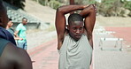 Stretching, team and sports with people in stadium for exercise, competition practice and track event. Wellness, warm up and hurdles race with athletes in field arena for fitness and training 