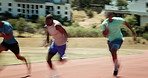 Men, sprinter and start race with motion blur on track for training, contest and fitness with sports. People, athlete and runner with speed, fast and outdoor with exercise for competition in USA