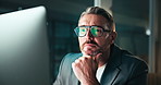 Mature man, night and computer for thinking in office, senior software developer and ideas for html. Glasses, reflection and brainstorming solution for cpu update, programming system and online