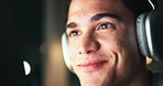 Man, night and headphones for coding on computer in office, software developer and programming. Podcast, html process and listening to audio for web design deadline, cpr system update and streaming