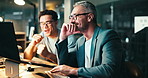 Teamwork, advice and success with business people in office for journalist training, consulting and chief editor. Publication, collaboration and planning with men in media agency for news at night