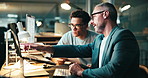 Teamwork, advice and laptop with business people in office for journalist training, consulting and chief editor. Publication, collaboration and planning with men in media agency for news at night
