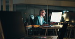 Night, business and senior man with computer, journalist or website for breaking news. Person, employee or political analyst with pc, evening or research for article, editing or pressure for deadline