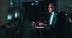 Mature, businessman or night with laptop for project deadline, company audit or or financial analysis at office. Man, employee or auditor working late with computer for accounting, report or strategy