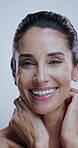 Woman, face and skincare in studio for cosmetics, treatment and collagen benefits for anti aging. Portrait, beauty model and mature person with confidence for dermatology, glow and white background
