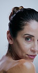 Skincare, dermatology and face of mature woman in studio for beauty, cosmetics and facial on white background. Spa, salon and portrait of person for natural skin, anti aging treatment and wellness