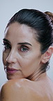 Skincare, health and face of mature woman in studio for beauty, cosmetics and facial on white background. Dermatology, salon and portrait of person for natural skin, anti aging treatment and wellness