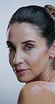 Skincare, beauty and face of mature woman in studio for health, cosmetics and facial on white background. Dermatology, salon and portrait of person for natural skin, anti aging treatment and wellness