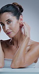 Face, dermatology and mature woman in studio for anti aging cosmetics, facial results and wrinkle transformation. Skincare, salon and portrait of person for facial, beauty or glow on white background
