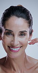 Laugh, skincare and mature woman in studio for anti aging cosmetics, results and face transformation. Dermatology, salon and portrait of person for facial, wellness and beauty on white background