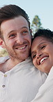 Travel, wind and couple with love in nature for honeymoon vacation, outdoor breeze and sightseeing together. Interracial people, smile and romantic weekend for anniversary break, adventure or bonding