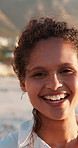 Joy, face and woman on vacation, beach and laughing on break in nature, travel and traveller in paradise. Outdoor, tourist and person with smile on holiday, tropical island and happy in Cancun