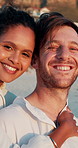 Beach, couple and face with hug on holiday, travel vacation and memory for valentines day. Seaside, man and woman with love embrace for relationship, bonding and adventure in portrait for anniversary