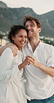 Dancing, celebrate or happy couple at beach for valentines day, love or romance in interracial relationship. Sea, vacation or people bonding on holiday for fun honeymoon, anniversary or travel date