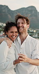 Dancing, holding hands or happy couple at sea for valentines day, love or romance in interracial relationship. Hug, vacation or people celebrate on holiday for fun honeymoon, anniversary and date