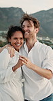 Dance, holding hands or happy couple at sea for valentines day, love or romance in interracial relationship. Hug, vacation or people celebrate on holiday for fun honeymoon, anniversary or travel date