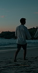 Walking, sunset or back of couple at beach for valentines day, love or romance in interracial relationship. Sea, vacation or people bonding on holiday for romantic honeymoon, care and travel date