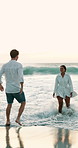 Playing, running or happy couple in water at beach for valentines day or love in interracial relationship. Sea, splash or people bonding on holiday for romantic honeymoon, vacation and travel date