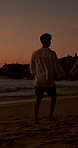 Walking, sunset or back of couple at ocean for valentines day, love or romance in interracial relationship. Beach, vacation or people bonding on holiday for romantic honeymoon, care and travel date