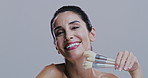 Makeup brush, happy and face of woman in studio on gray background for wellness, skincare and beauty. Cosmetology, application and portrait of mature person with tool for cosmetics, powder or product